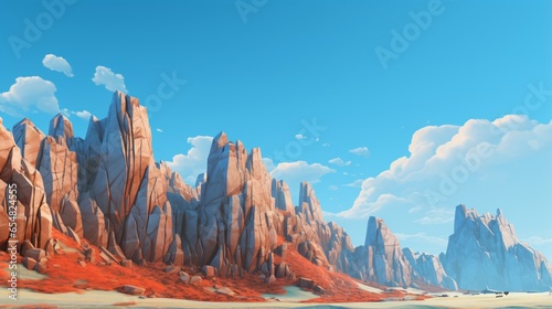 a fault-block mountain range under a clear blue sky, highlighting the unique uplifted blocks and their contrasting landscapes