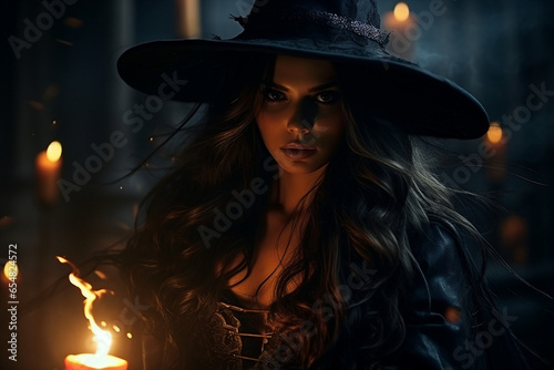 Generative ai collage photo of dark witch doing black magic ritual in halloween midnight