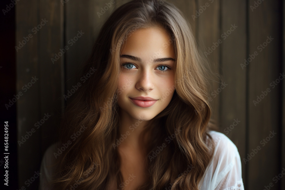 Close up generative ai portrait of a beautiful young girl model advertising hair care beauty products Close up generative ai portrait of a beautiful young girl model advertising hair care beauty products