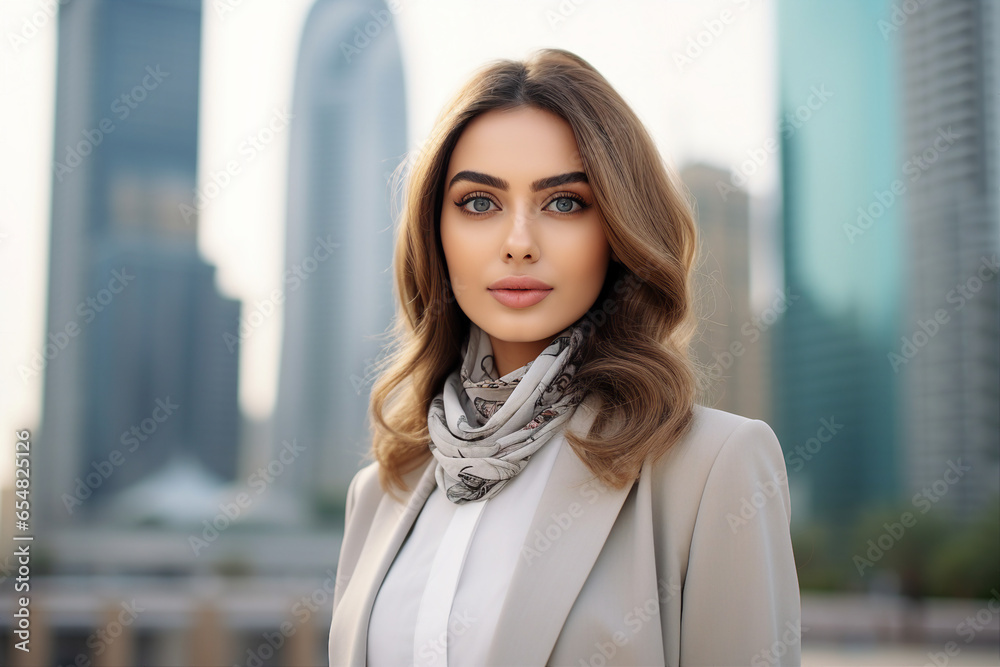 Fototapeta premium Muslim woman in hijab clothes in office building modern woman modern world generative AI