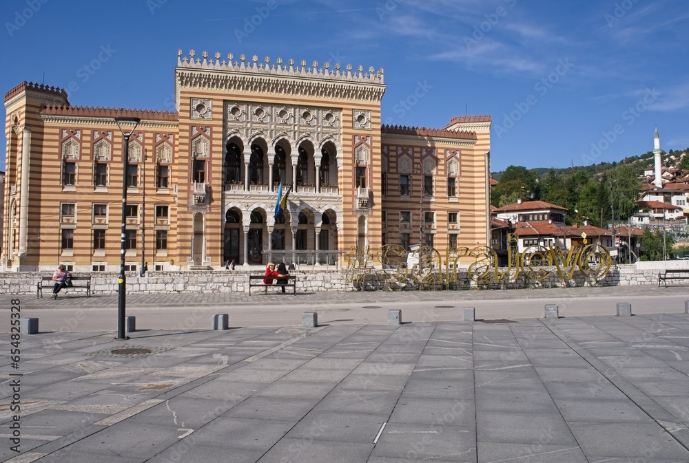 Sarajevo, Bosnia and Herzegovina - Sep 27, 2023: National and university library. A walking in the center of Sarajevo city in Bosnia and Herzegovina federation in a sunny summer day. Selective focus.
