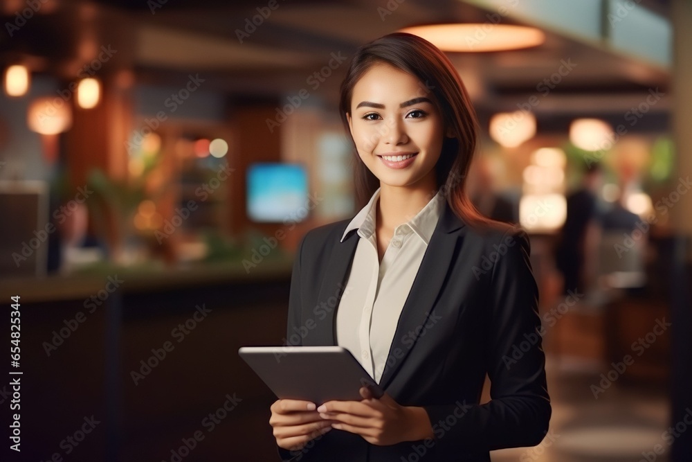 portrait businesswoman using digital tablet in hotel or office