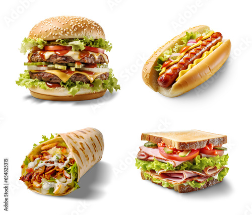 Fast food set, cheeseburger, hot dog and sandwich. Generative AI