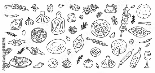 Vector collection of traditional Georgian cuisine: shish kebab, khinkali, khachapuri, wine, tortillas. Vector illustration hand-drawn in the style of a doodle.