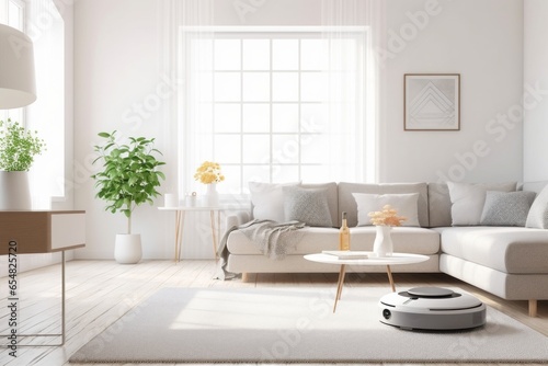 Robot vacuum cleaner with selective focus on blurred background of home interior