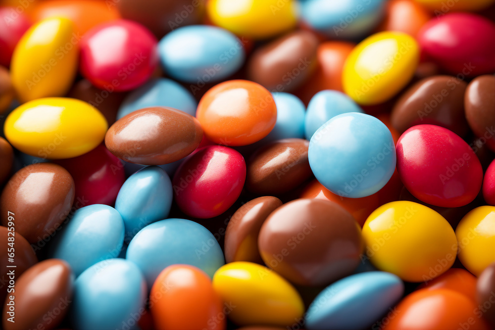 Close up of a pile of colorful chocolate coated candies made with generative AI Close up of a pile of colorful chocolate coated candies made with generative AI