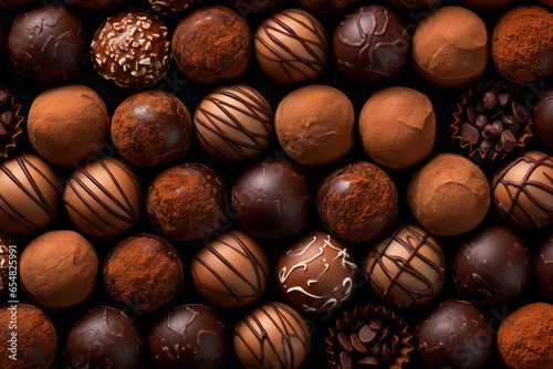 Close up generative AI picture of various tasty chocolate pralines candies