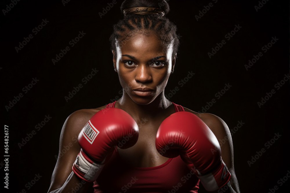 Generative AI photo of confident professional boxer sporty person in a boxing ring isolated in dark background