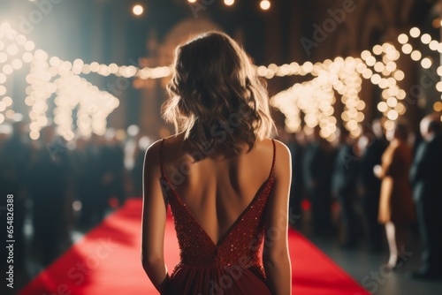 Woman on the red carpet, view from the back. Background with selective focus and copy space