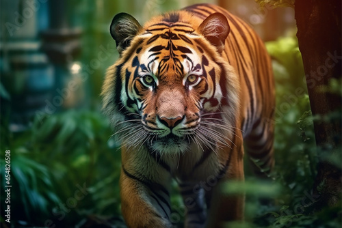 Tiger walking from nature blur background