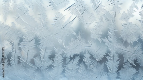 a frosty window pane in winter, showcasing delicate ice patterns formed by the cold weather