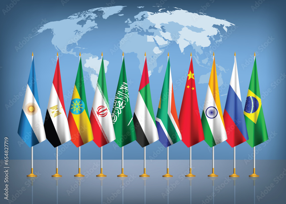 BRICS countries flags with six new member states flags