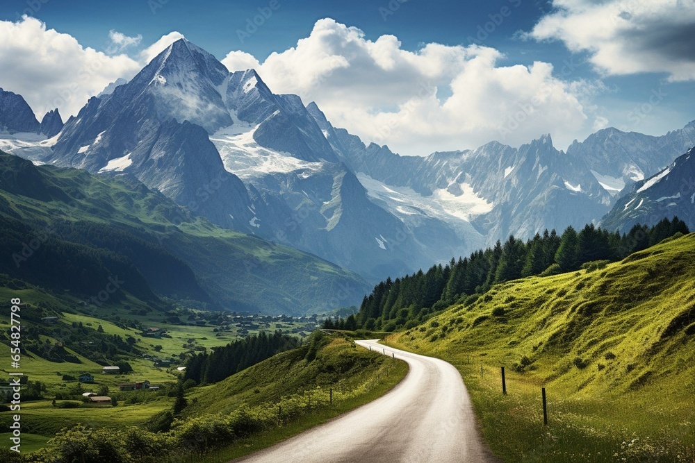 Austria road, Alps, summer day. Generative AI