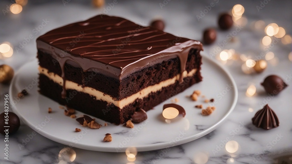 homemade and delicious sliced cake with cocoa and chocolate on white marble in a plate
homemade and delicious sliced cake with cocoa and chocolate on white marble in a plate