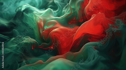 Spectacular image of green and red liquid ink mixing together