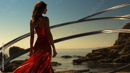 A female model in a red dress poses on the seashore.
