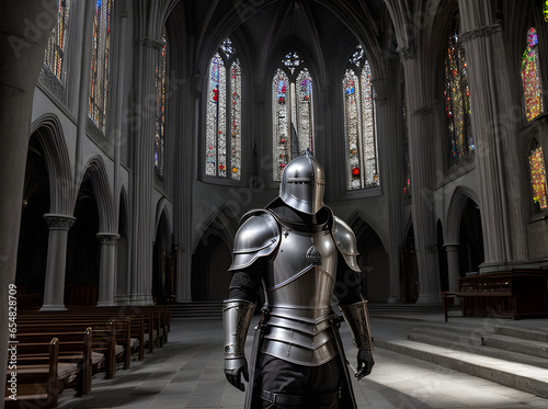 Knight. Silver armor. Gothic church. Sunset. Maximum