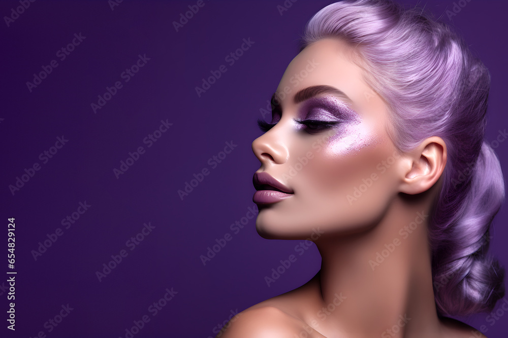 Fashion editorial Concept. Closeup portrait of stunning pretty woman with chiseled features, purple violet makeup. illuminated with dynamic composition and dramatic lighting. copy text space
Fashion editorial Concept. Closeup portrait of stunning pretty woman with chiseled features, purple violet makeup. illuminated with dynamic composition and dramatic lighting. copy text space