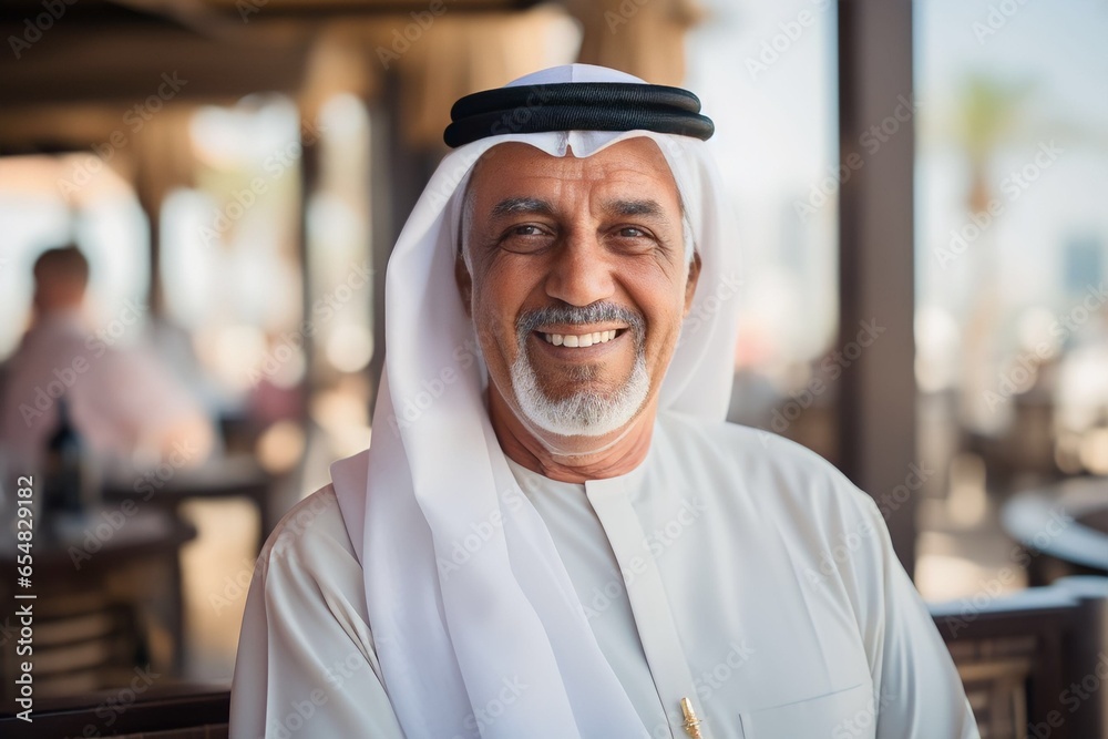 portrait of senior old arab man in dubai wearing white arabic clothes - obrazy, fototapety, plakaty 