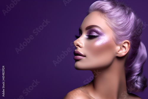 Fashion editorial Concept. Closeup portrait of stunning pretty woman with chiseled features, purple violet makeup. illuminated with dynamic composition and dramatic lighting. copy text space	
