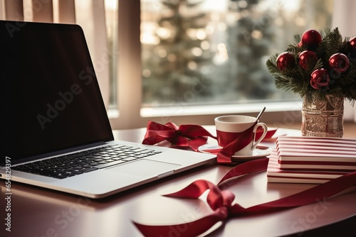 Desk with laptop and New Year's gift. Preparing for Christmas and New Year. Holiday decorations and workplace decorations, seasonal Christmas decor, gifts.