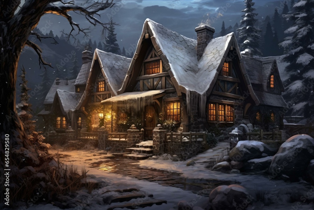 Warm and charming cabin during winter with a rustic interior. Generative AI