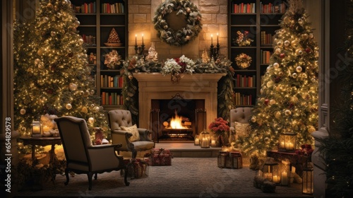 Christmas tree with fireplace, surrounded by gifts, deer figurines, candles, lanterns and festive garland.