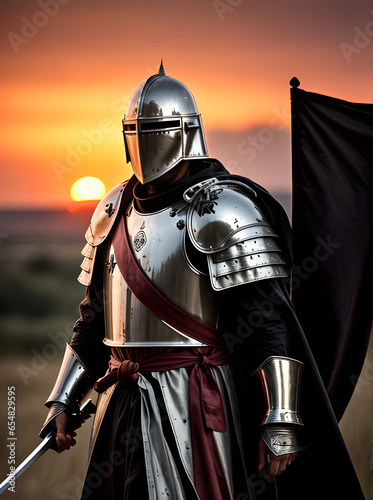 Detailed cinematic Teutonic knight battles at sunset.