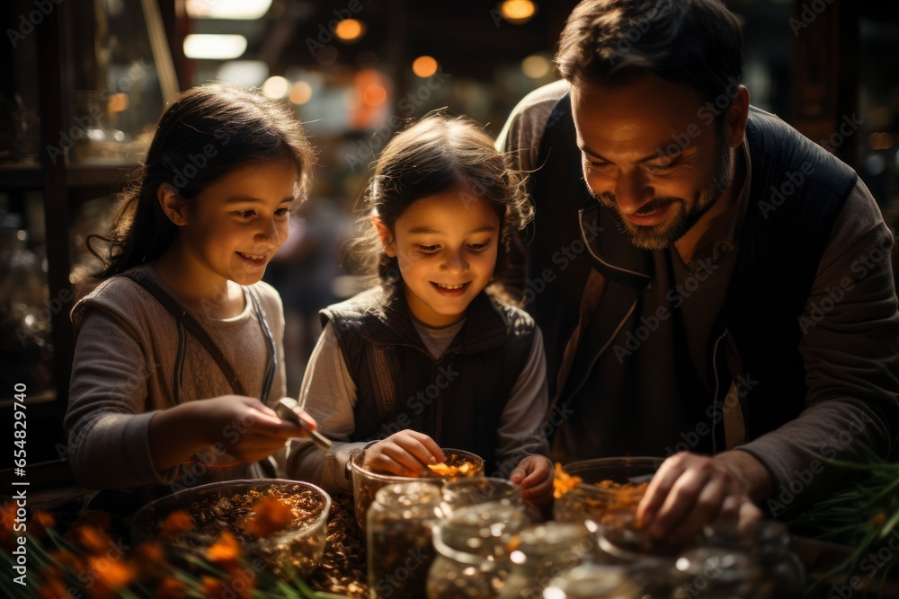 A family exploring a vibrant and bustling marketplace in a foreign country, with children sampling exotic fruits and parents haggling with local vendors