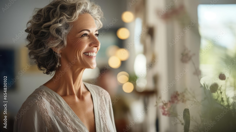 a woman in her 50s looking into a mirror reviewing her makeup a woman in her 50s looking into a mirror reviewing her makeup