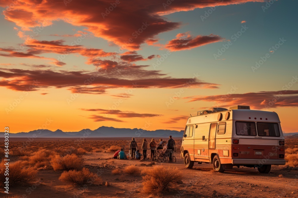 A group of friends gathered around an RV parked in the midst of a vast desert landscape, with sand dunes stretching to the horizon