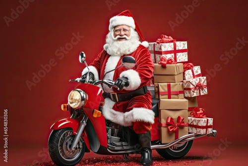 Santa Claus with white beard ride on red retro moped. Carrying gifts on a moped. Generative ai art.