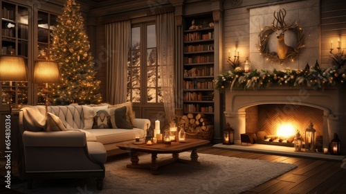 Christmas tree with fireplace, surrounded by gifts, deer figurines, candles, lanterns and festive garland.