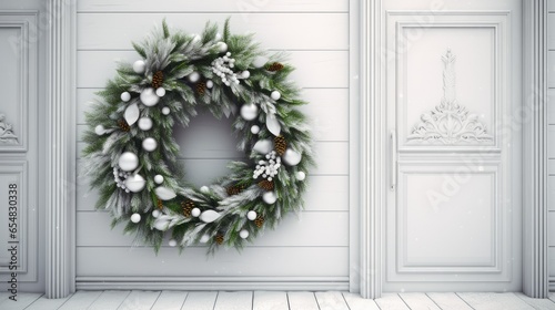 Christmas festive wreath crafted from green branches, elegantly hanging on a minimalist white door. © ZinaZaval