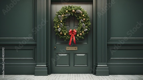 Christmas festive wreath crafted from green branches, elegantly hanging on a minimalist white door.
