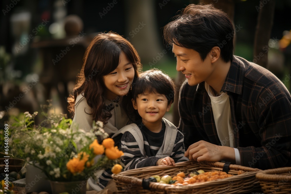 A joyful family enjoying a picnic in a picturesque park, with a checkered blanket spread out on the grass and a basket of delicious food