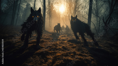 Sinister black wolves with glowing eyes running through the misty forest at sunset. Silhouettes of aggressive wild animals in the woods.
