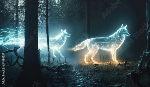 Spirit wolves from the astral dimension  manifesting in their glowing energy form in a dark misty forest. Mystical paranormal animals.