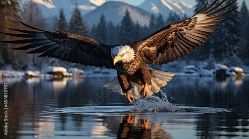 A soaring bald eagle, its wings spread wide, gazes keenly at a pristine alpine lake surrounded by towering snow-capped peaks, symbolizing the epitome of freedom and untamed wilderness.