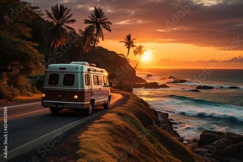 An RV cruising down a scenic coastal highway, with the sun setting over the ocean and palm trees lining the road