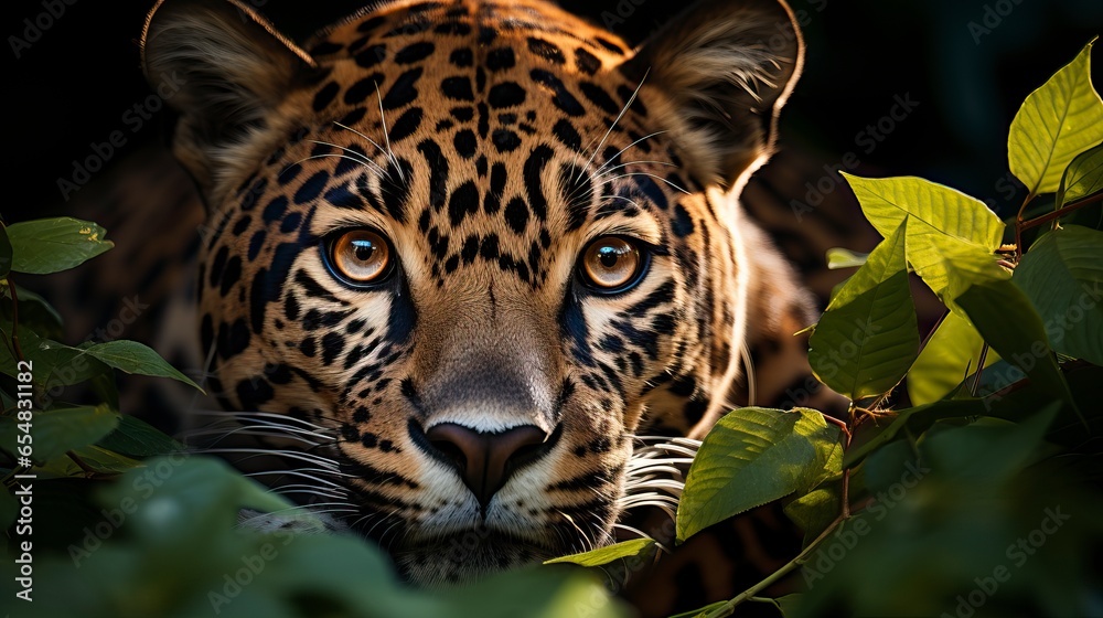 In the heart of an untouched rainforest, a resplendent jaguar prowls gracefully, its coat adorned with striking rosettes that seem to merge seamlessly with the dappled sunlight filtering through the d In the heart of an untouched rainforest, a resplendent jaguar prowls gracefully, its coat adorned with striking rosettes that seem to merge seamlessly with the dappled sunlight filtering through the d