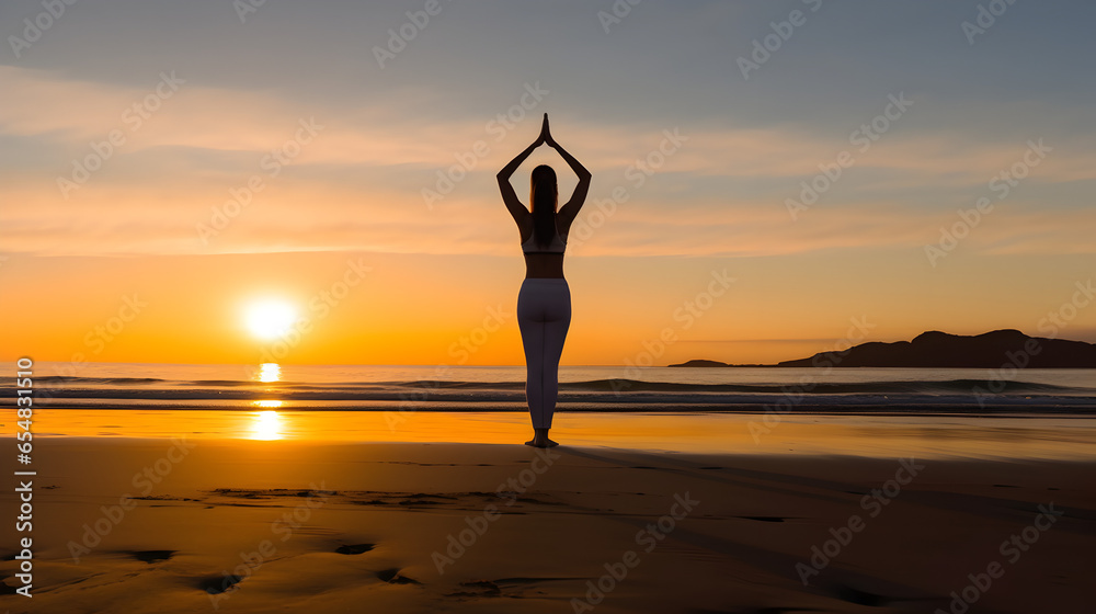 Woman practicing yoga and fitness on a beach at sunset, embracing tranquility. Concept of wellbeing, meditation and mental health