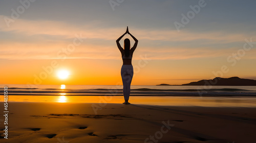 Woman practicing yoga and fitness on a beach at sunset, embracing tranquility. Concept of wellbeing, meditation and mental health