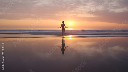 Silhouette of a person practising yoga with sunset on the beach. Beautiful sea  ocean and sun. Summer landscape and vacation. Nature  freedom  relaxation  wellbeing  wellness  zen lifestyle.Copy space
