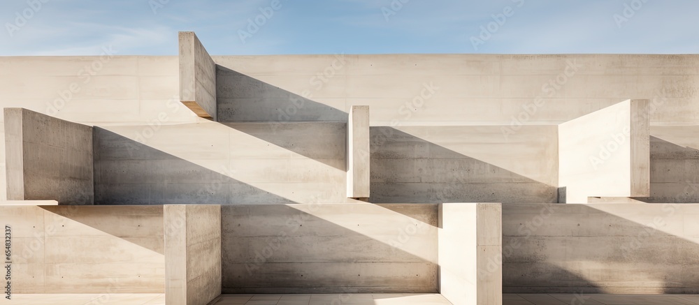 Fototapeta premium Simplified modern concrete building with abstract geometric details and a white minimalist design with copyspace for text