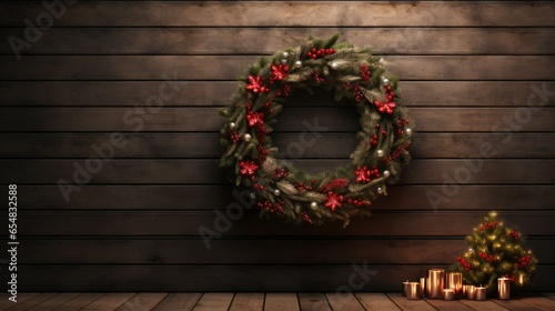 a Christmas wreath, lovingly crafted and displayed against a wooden background.