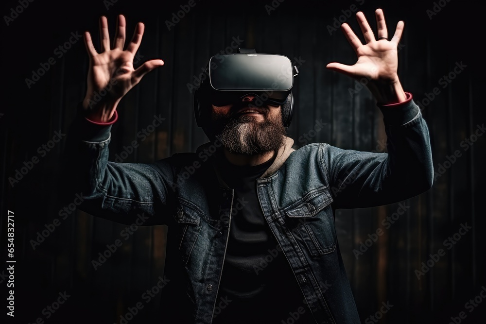 Adult man with VR headset exploring virtual reality in dark room