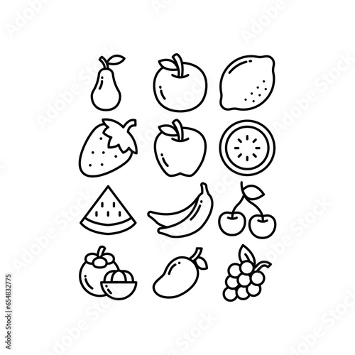 Fruits food  Tropical organic fruit  Juicy  fresh organic line silhouette. Lemon  orange  watermelon  strawberry  etc. Fruity icons set  line style Vector illustration. Design