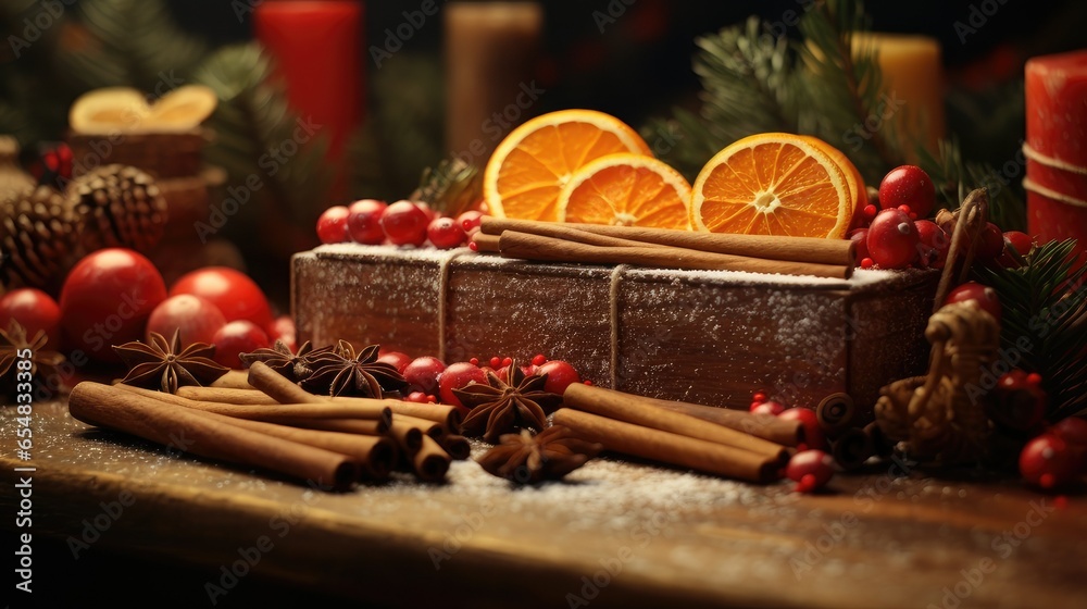 a wooden board arranged with ripe tangerines, cinnamon sticks, and sweet candy canes on a table. a wooden board arranged with ripe tangerines, cinnamon sticks, and sweet candy canes on a table.