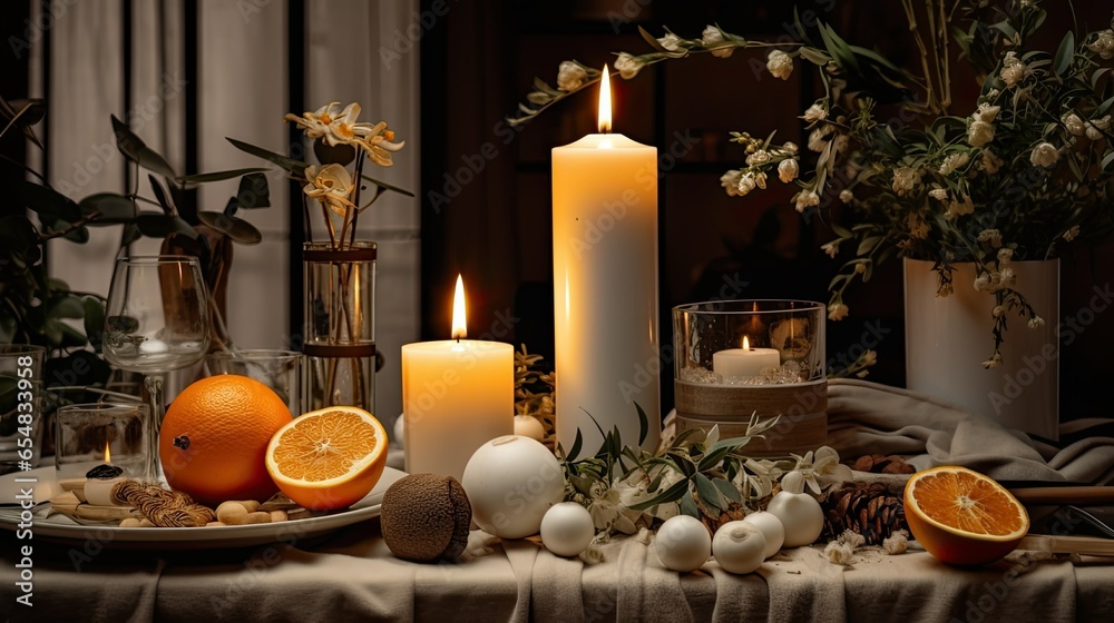decor for a family Christmas dinner with a white candle, dried orange, cone and cotton,
